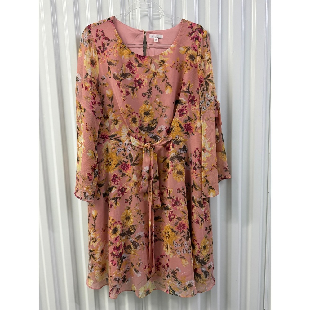 LC Lauren Conrad Floral Dress Womens 1X Pink Excellent Tie Waist Bow Sleeve